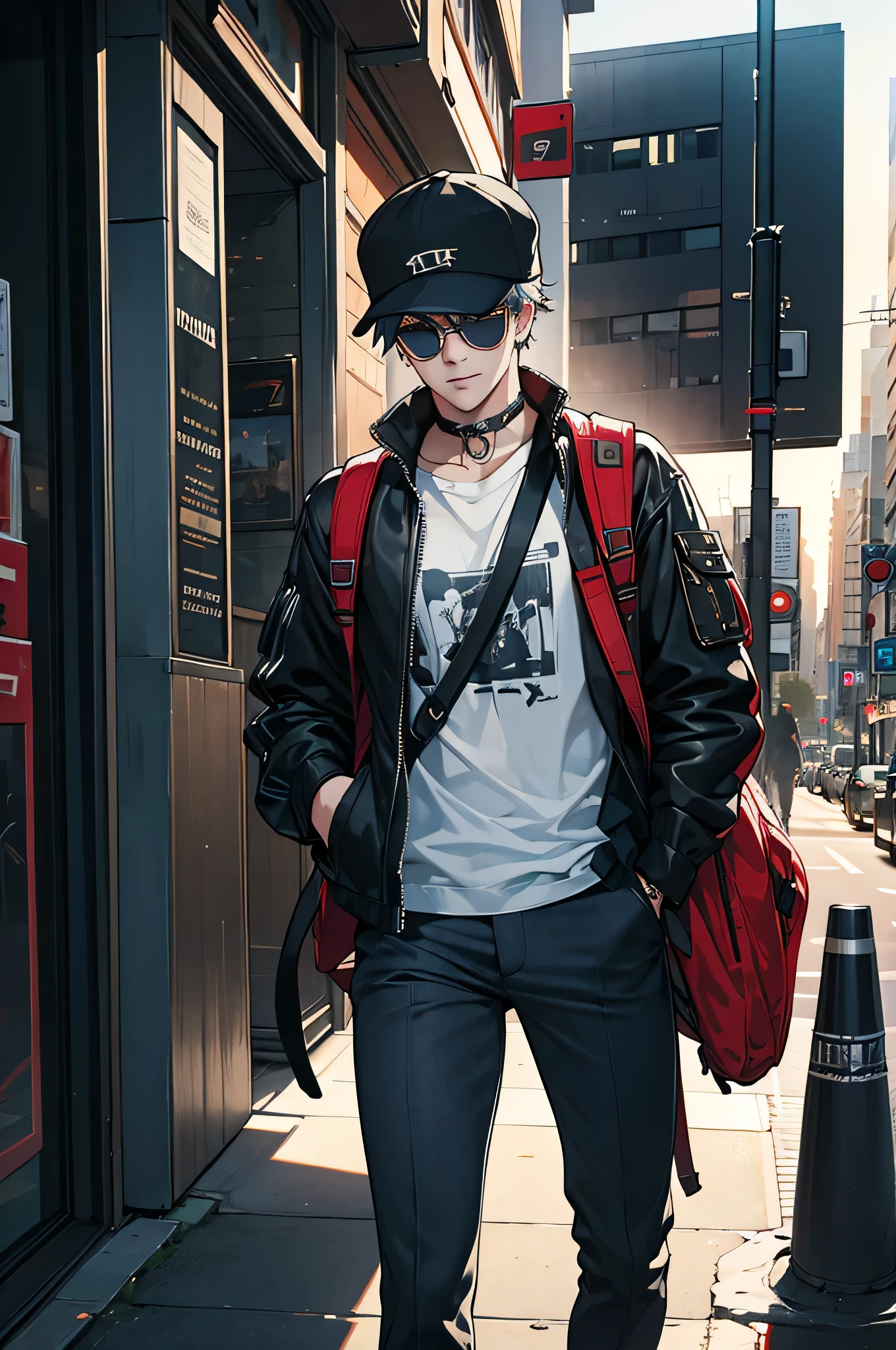 A cool male traveler wearing a stylish travel hat, sunglasses, and carrying a backpack, urban city background, punk style, comfortable, cinematic lighting, highly detailed, photorealistic, 8K, HDR, professional photography