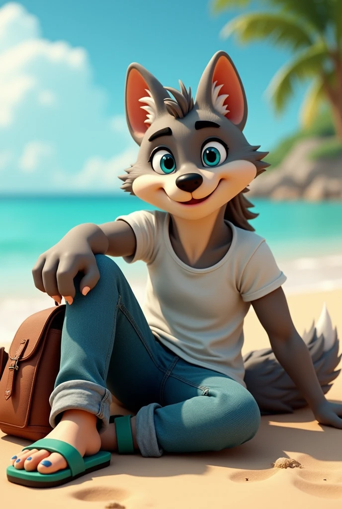 Larry (Zveropolis), wolf, gray fur, (brown body:1.3), beautiful blue eyes, Zveropolis, dressed,t-shirt,jeans,green sandals heels with a focus on feet for dogs, wolf, Detailed fur, male, Anthro, paw pads, finger claws,holding a backpack,At the viewer, 5 fingers, paws, 4 toes , is sitting, beach, rest, sea, sand, close to the camera,long jeans, sandals heel,foot-fucus
ПЕРЕРЫВ от Nextel, for dating, by xenoforge, (difficult, high detail, Film photography, soft focus, RAW, close to the camera, good mood smile positive, 
Photorealism, realistic, photorealistic,digital style, subsurface scattering,
masterpiece, Best quality, ultra realistic, 8K)