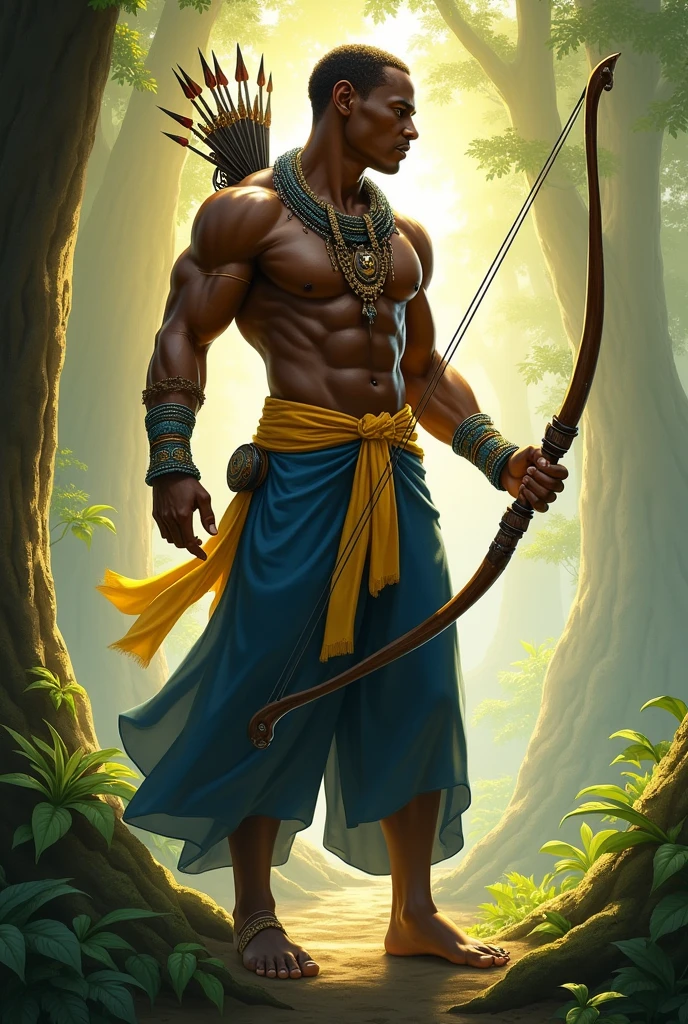 Oshosi Hunter dressed in blue and yellow ankle-length pants with African necklaces and a bow and arrow