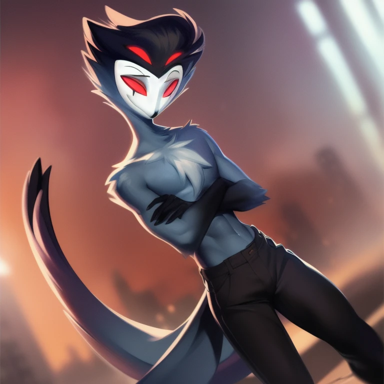 (furry art, climb on e621), ((stolas)), (the second, furry), SFW, smile, (dutch angle shot), Tilted, bright Eyes, smile afectada, (Black pants, ((shirtless)) eyebrows, Crossed arms, (decolaed office background), 1 chico, gray fur, short hair, black fur, White face, female, (athletic), black legs, black hands, Alone, four eyes, lifted cola, (cola), Red eyes, extra eyes, (standing), por zackary911, by Chunie, (by place:1.2), by kiyosan, by sigma, masterpiece, (Best Quality:1.2), sharp image, decolaed image, showy, vibrant colors, take off makes, perfect lighting, perfect shadows, Perfect eyes, perfect face, (decolaed background, depth of field), (4k, 2k, shading, absurd resolution),