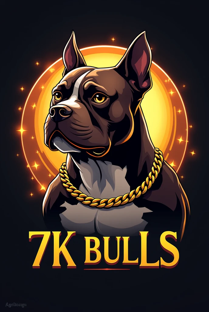 "Generate an eye-catching logo for an exotic American Bully breeder, micro size. The dog must be muscular, chocolate colored, with short snout, well-marked forehead and cropped ears like a pitbull. The body should resemble that of an English bulldog., but with extra defined muscles. The logo should include gold chains for a luxurious touch.. The name of the breeder is '7K Bulls' and must be written prominently in a stylish font. The predominant colors should be gold and rich tones that stand out."