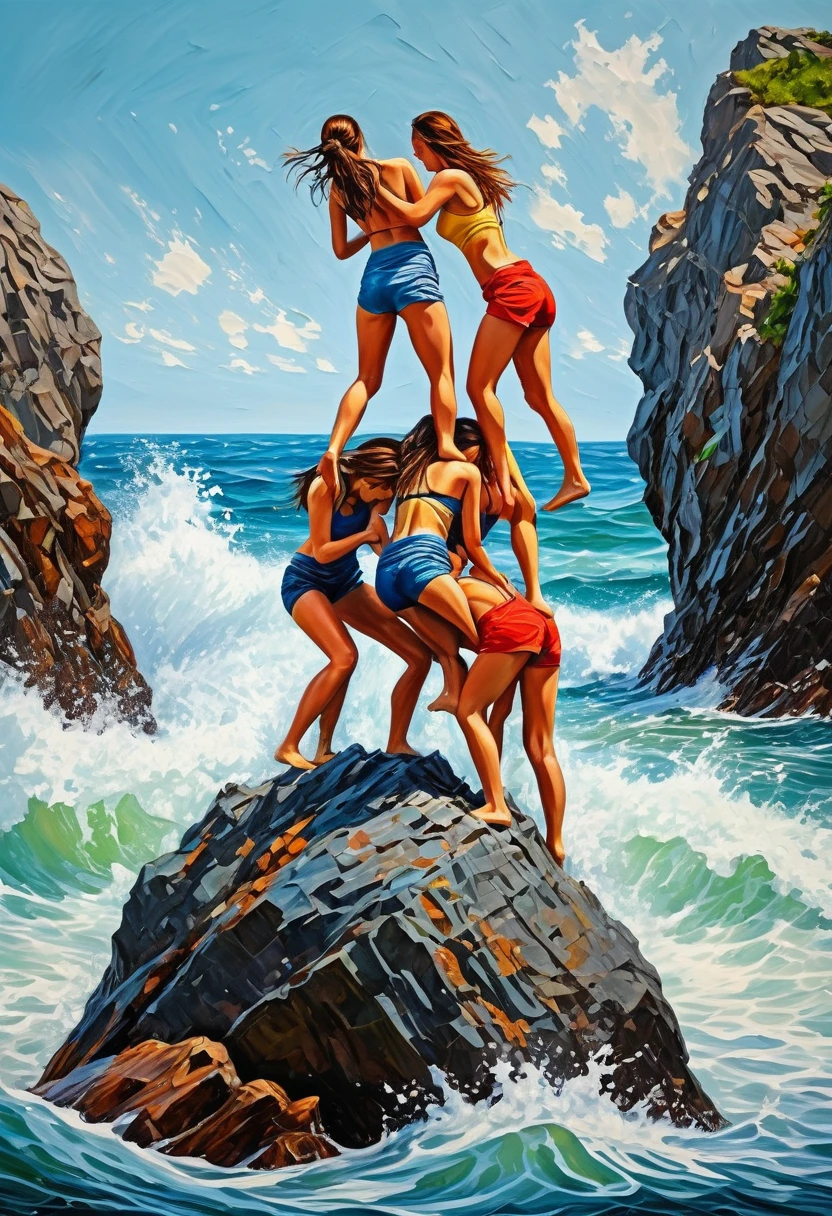 Structured impasto of beautiful women climbing a structured rock in the sea, scrambling over each other and standing on each other’s shoulders. Realistic, realistic colors,