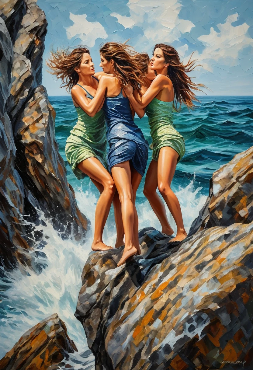 Structured impasto of beautiful women climbing a structured rock in the sea, scrambling over each other and standing on each other’s shoulders. Realistic, realistic colors,