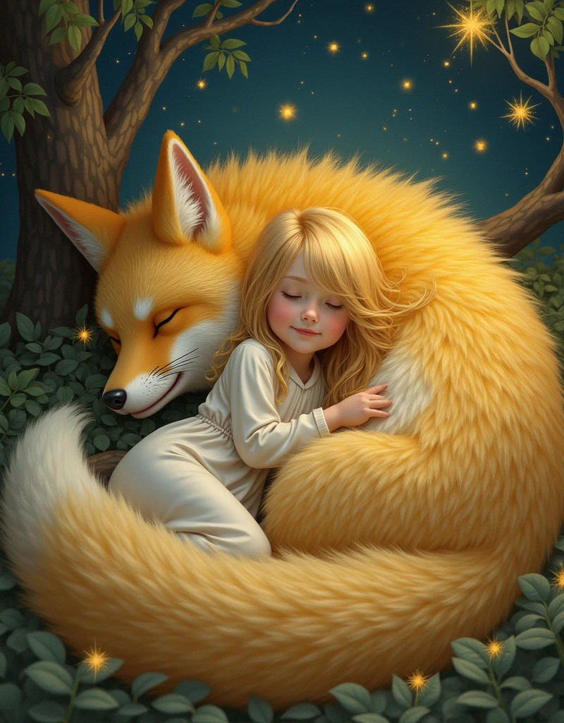 (masterpiece), best quality, expressive eyes, perfect silhouette (detailed environment, detailed animal)young girl human,((girl doesn't have fox ears)), , detailed face, defined and beautiful eyes, ((the girl has golden blonde hair, bright yellow lime, long golden hair)) ,((sleeping on the belly of a giant fox)), white silk nightgown, (pajama style)), a giant fox,((full fox form)) sleeping next to the girl, ((golden yellow lime fur with black)) magical sparkles, (((the fox and the girl are sleeping under a tree))), in the starry night, ((detailed form body the fox and the human)), ((the fox is sheltering the girl by surrounding her with his body)), the fox's fur is magical and shiny, ([Realism]), hyperrealistic