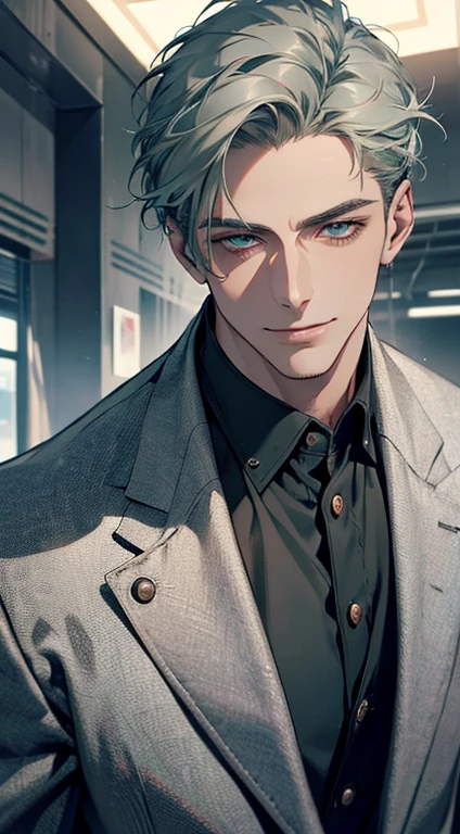 (best quality, masterpiece, 8K, photorealistic, cinematic lighting, 1:4 hdr image, top view, ultra detailed, beautiful image), a mature man, very handsome, short grey green hair, blue eyes, perfect face without errors , ((buttoning his jacket, CEO)), smile in love.