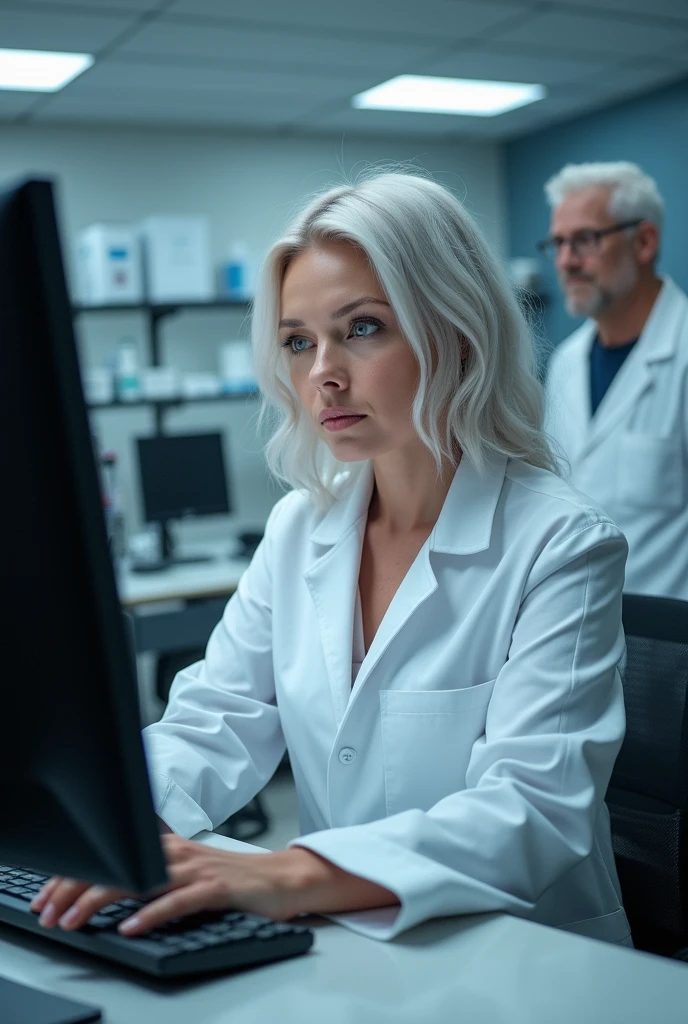 Woman, European, platinum hair sitting on the chair in front of a computer, cientist, 's uniform , hall, laboratory, naughty man, cientist ao lado dela