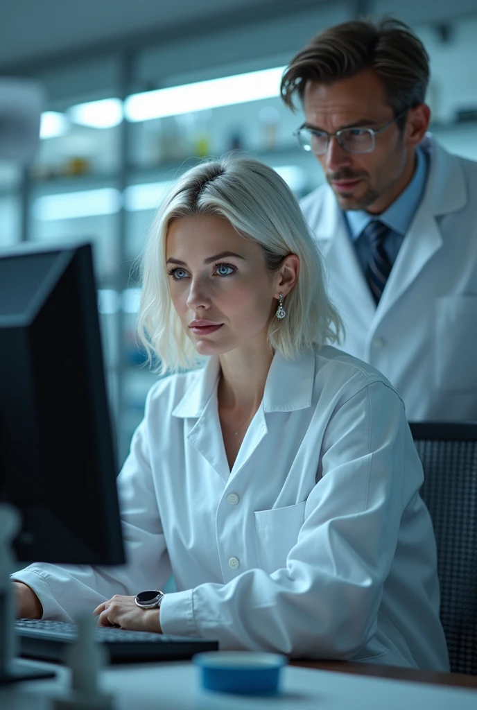 Woman, European, platinum hair sitting on the chair in front of a computer, cientist, 's uniform , hall, laboratory, naughty man, cientist ao lado dela