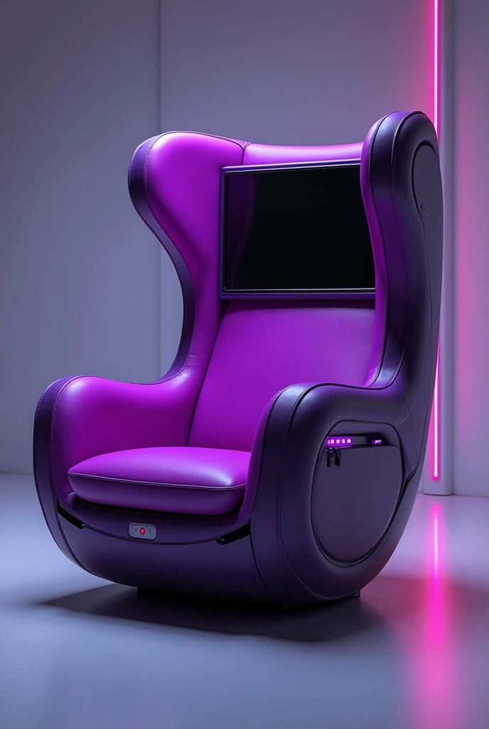 A different armchair with a rounded, larger cyberpunk seat and a TV on the armchair, the color purple, and the armchair has a place to rest your head and leave your cell phone.