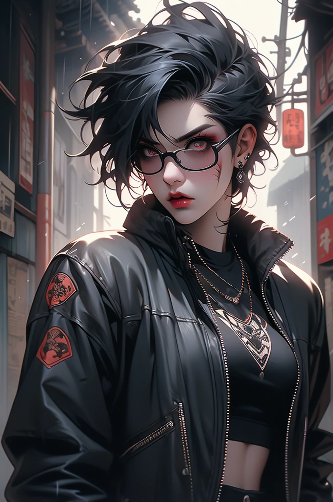 1girl, chinese, punk, rain, city, china town, leather jacket, Short haircut, leather jackets, jeans, glasses, tattoos, combat boots, rugged look, fierce eyes, toned, scars, dark makeup, piercings, menacing demeanor, athletic build, gothic jewelry, intimidating presence, sinewy strength, practical clothing.