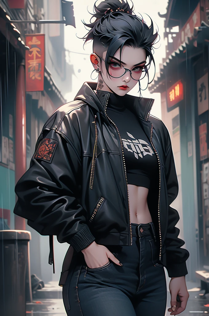 1girl, chinese, punk, rain, city, china town, leather jacket, Short haircut, leather jackets, jeans, glasses, tattoos, combat boots, rugged look, fierce eyes, toned, scars, dark makeup, piercings, menacing demeanor, athletic build, gothic jewelry, intimidating presence, sinewy strength, practical clothing.
