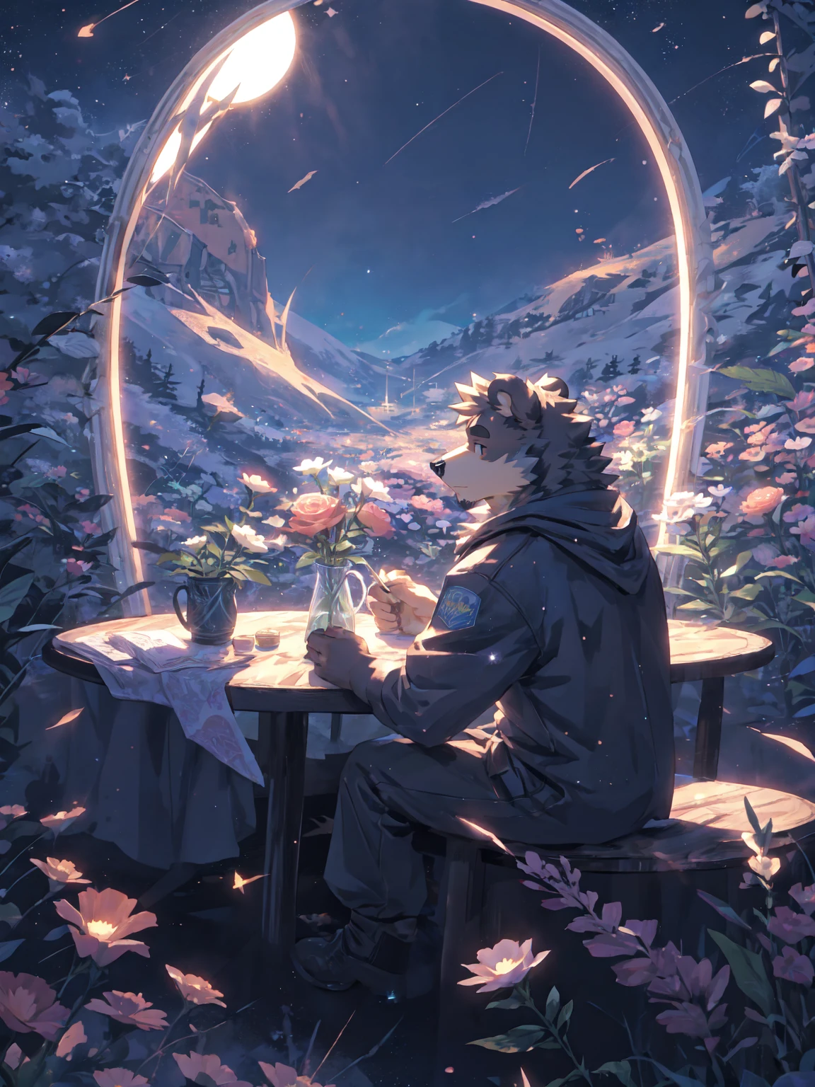 (masterpiece:1.2), best quality,pixiv,official art,perfect anatomy, (Ray tracing, light),solo, (1_male:1.3) , (muscle), (grey fur:1.4), (muscle bear), (beard:1.2), (gleaming golden eyes), bear tail, full body, Thick black eyebrows,(open short hoodie), ( inside:1.2),cargo shorts, black short boots, red scarf, indoor,flower, petal, skyline, blue sky, cold tone, star, sky, cosmos, starry, rose, planet ,milky way, sitting