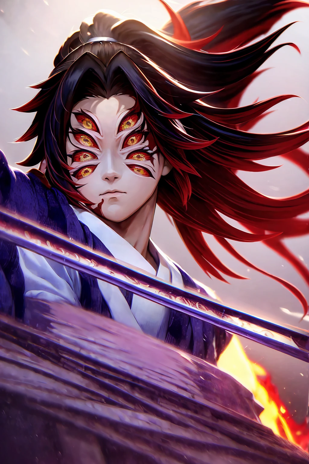 Kokushibo - Demon slayer,(kokushibo)of the word, fresco, dynamic, 8k, con la espada de of the word, on fire
(The best quality, 8k, High Resolutions, masterpiece:1.2), dynamic, powerful, intense, beautiful detailed eyes, detailed facial features, Long flowing hair, Safe posture, fierce expression, Sharp and elegant sword, llamas vibrantes que rodean of the word, dramatic lighting and shadow, Realistic fire effects, Rich, saturated colors, capturando la esencia de la fuerza y la presencia de of the word, Artistic brushstrokes and textures, harmonious composition, masterfully capturing the intensity and energy of the scene.