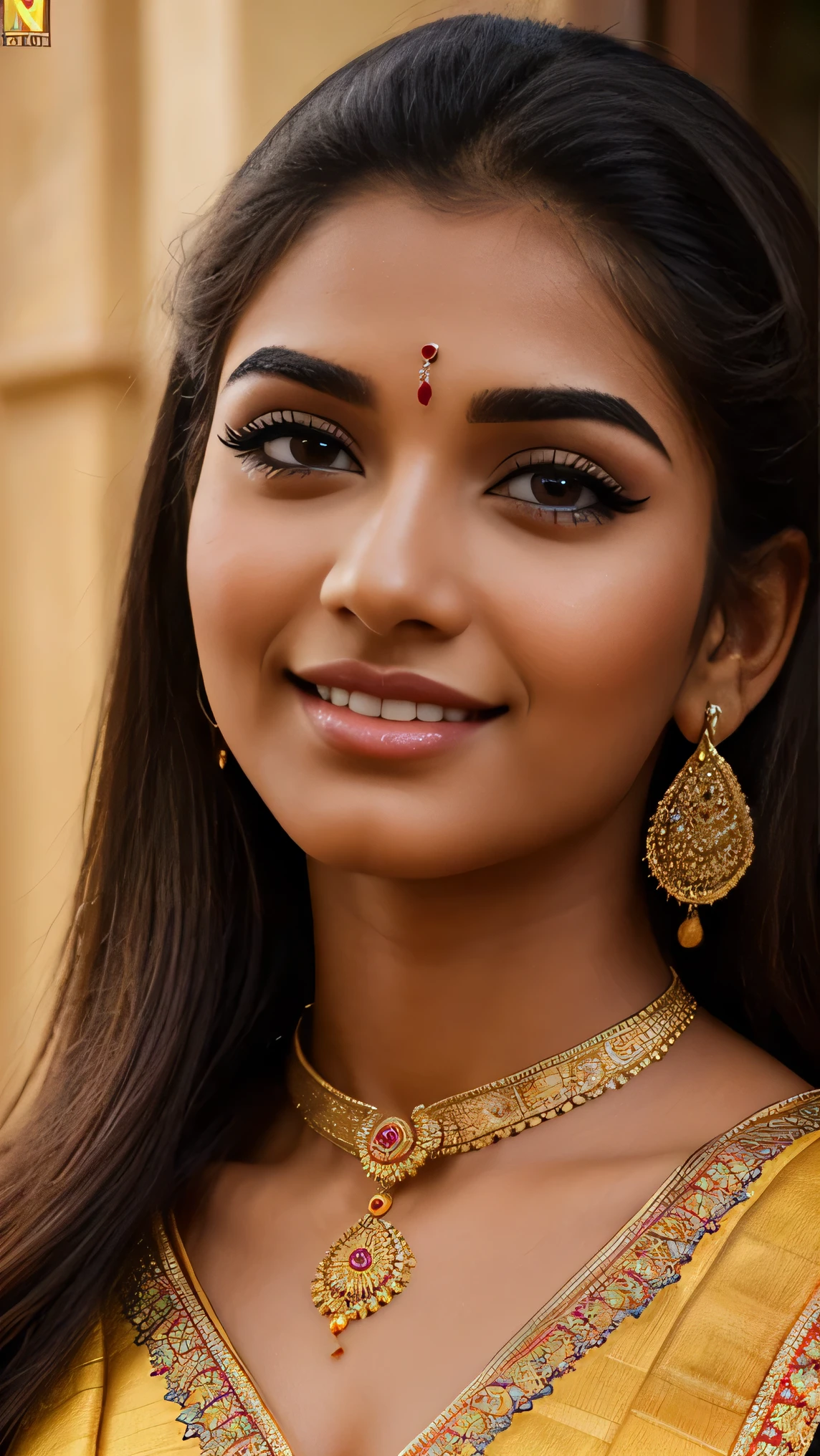 (high quality, masterpiece, HDR, 256K), (hyper-realistic, photorealism) 20 year old extremely beautiful Tamil girl, (intricate detailed extremely beautiful face, eyes, ears, nose, lips, textured skin), eyes symmetry, (bright smile). Wearing yellow Salwar suit. Shoulders facing front, front view. Medium close up shot.