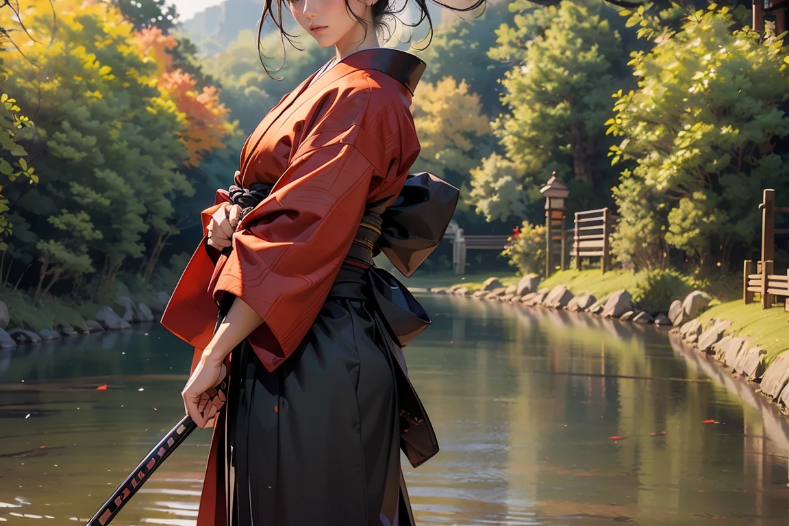 ((masterpiece, highest quality, Highest image quality, High resolution, photorealistic, Raw photo, 8K)), ((Extremely detailed CG unified 8k wallpaper)), Fishing, Samurai girl, black hair tied back, detailed beautiful face, detailed female hands, wearing red kimono and black hakama, Crouching on a wooden bridge, holding a fishing rod and casting the line into the river, viewed from the side.