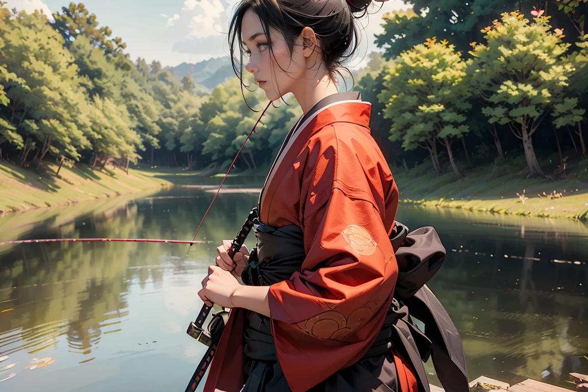 ((masterpiece, highest quality, Highest image quality, High resolution, photorealistic, Raw photo, 8K)), ((Extremely detailed CG unified 8k wallpaper)), Fishing, Samurai girl, black hair tied back, detailed beautiful face, detailed female hands, wearing red kimono and black hakama, Crouching on a wooden bridge, holding a fishing rod and casting the line into the river, viewed from the side.