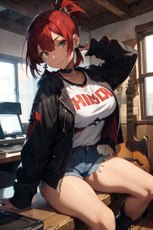 1 female, light skin, red spiky hairstyles, huge breast, thick legs, jean short, black jacket, white t-shirt, earrings, boots, shark tooth, 2010s anime, metal room, guitar, tough girl like