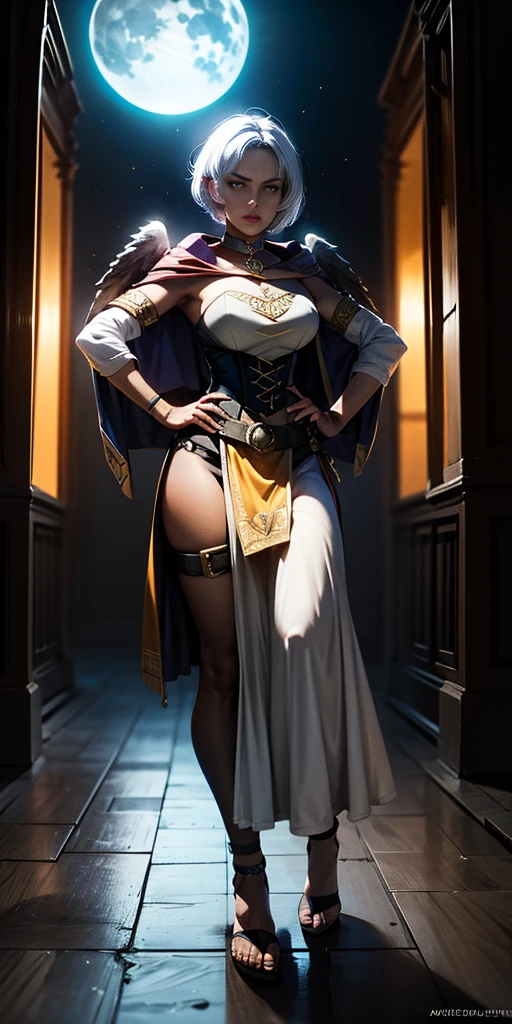 paladin lady in ornate golden armor, black collar, pauldrons, breastplate, leather corset, glowing halo, short bob hair style, yellow glowing eyes, bright pupils, eye focus, red cape, temple indoors, stained glass windows, night, moonlight, particles, light beam, chromatic aberration (full body, whole body, 1solo girl) slave fighter, loincloth standing, hands on hips, metal sandals, leather choker, big belt, view from below, feet together, bracers, tiara) feathers angel wings