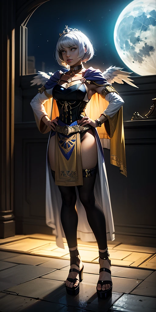 paladin lady in ornate golden armor, black collar, pauldrons, breastplate, leather corset, glowing halo, short bob hair style, yellow glowing eyes, bright pupils, eye focus, red cape, temple indoors, stained glass windows, night, moonlight, particles, light beam, chromatic aberration (full body, whole body, 1solo girl) slave fighter, loincloth standing, hands on hips, metal sandals, leather choker, big belt, view from below, feet together, bracers, tiara) feathers angel wings