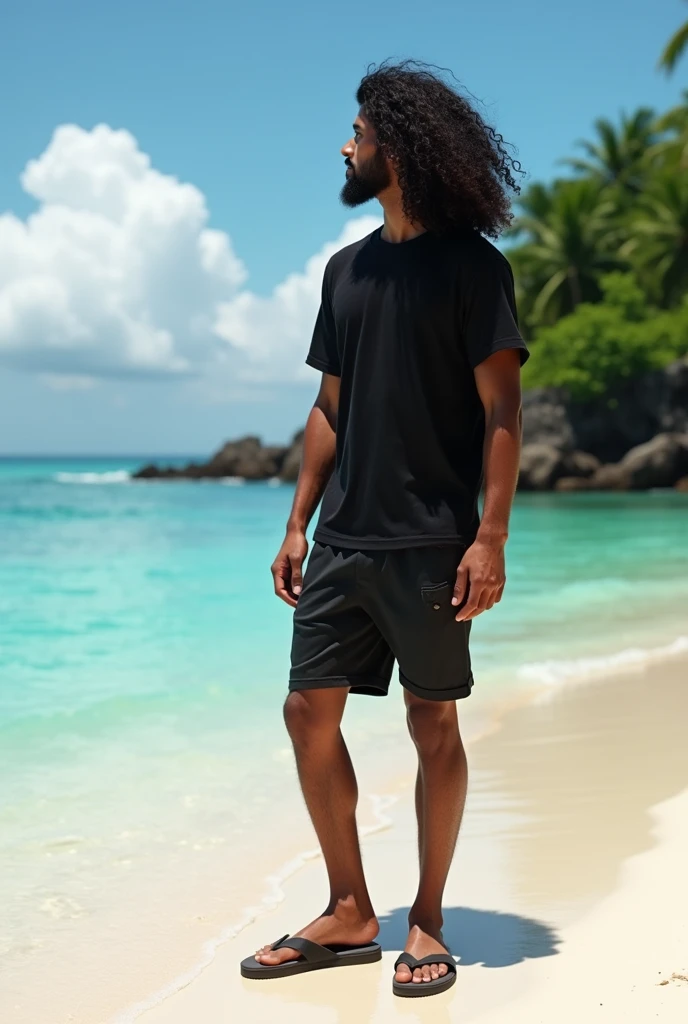 A 25 year old typical Indonesian man with long curly hair wearing a black t-shirt, shorts, flip-flops standing on Wakatobi beach background