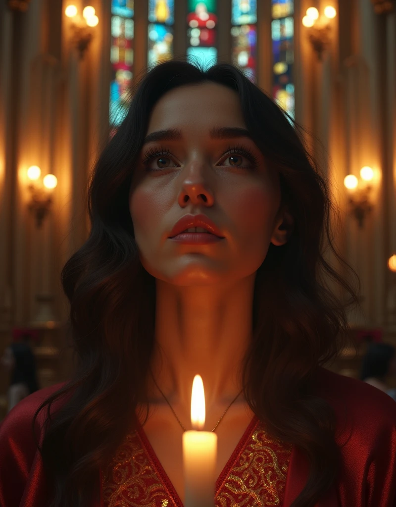 A religious person praying,beautiful detailed eyes,beautiful detailed lips,extremely detailed face,long eyelashes,ornate cathedral interior,stained glass windows,candles,religious iconography,dramatic lighting,cinematic composition,high quality,8k,photorealistic,masterpiece,digital art,realistic,cinematic,dramatic,hyper detailed,intricate details,elegant,serene,spiritual,religious