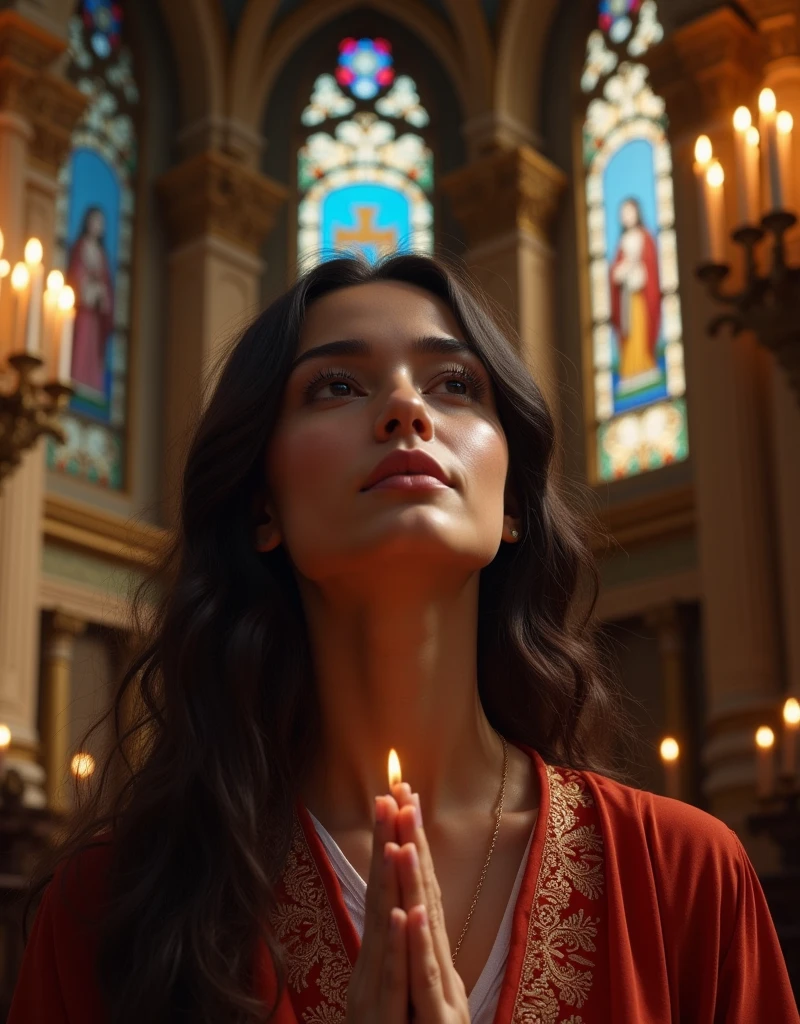 A religious person praying,beautiful detailed eyes,beautiful detailed lips,extremely detailed face,long eyelashes,ornate cathedral interior,stained glass windows,candles,religious iconography,dramatic lighting,cinematic composition,high quality,8k,photorealistic,masterpiece,digital art,realistic,cinematic,dramatic,hyper detailed,intricate details,elegant,serene,spiritual,religious