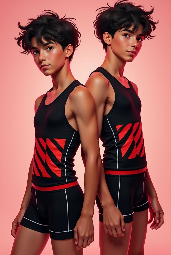 A 2 boy in black tank top under vest with red colour stripline on tank top under vest and were black trunk underwear with red colour stripline on trunk underwear