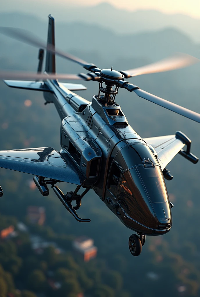 a modern fast helicopter, detailed helicopter, cinematic lighting, realistic, photorealistic, 8k, detailed engineering, dynamic angle, mid-air, spinning rotors, glossy metallic body, sleek fuselage, complex mechanical details, advanced avionics, high-tech cockpit, dynamic motion blur, cinematic composition