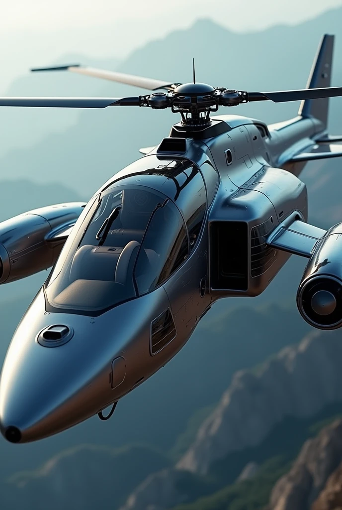 a modern fast helicopter, detailed helicopter, cinematic lighting, realistic, photorealistic, 8k, detailed engineering, dynamic angle, mid-air, spinning rotors, glossy metallic body, sleek fuselage, complex mechanical details, advanced avionics, high-tech cockpit, dynamic motion blur, cinematic composition