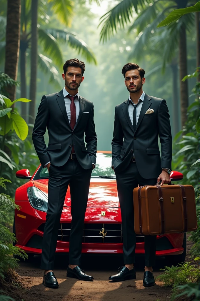Boys with suite in the middle of jungle carrying suitecase alongside ferari