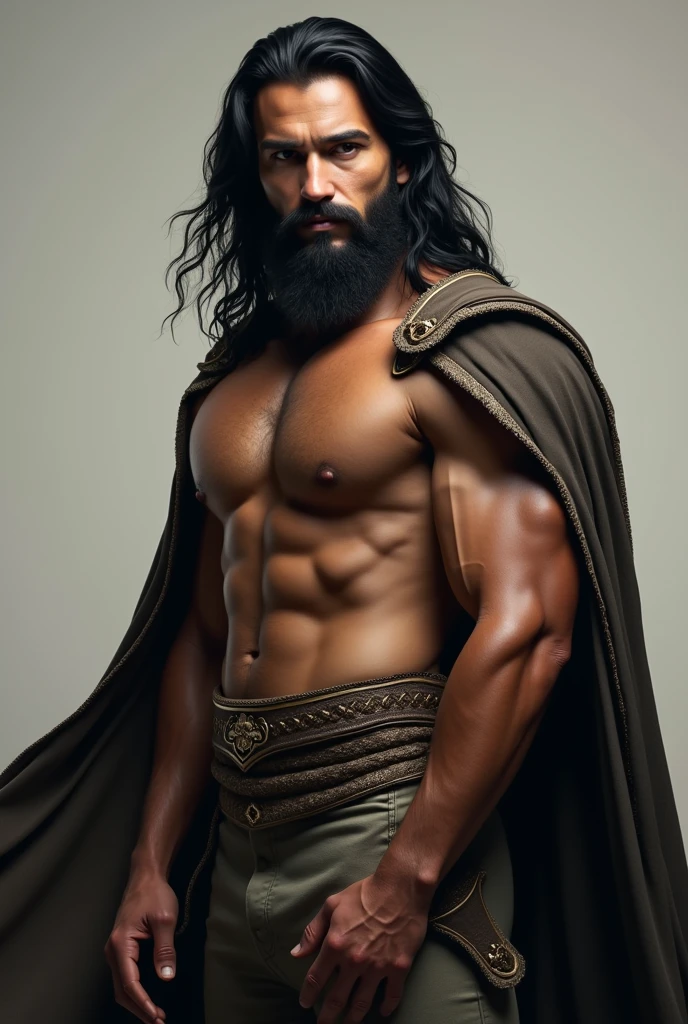 Create an image of a young man with black hair, long to shoulder height and straight and beard with long and beautiful hairs in the gradient (both the cape and the beard are very beautiful and stylish). Extremely strong man with the best physique in the world, with the most beautiful shape in all of history. The wisest and most beautiful thing there is, with a super stylish look 
