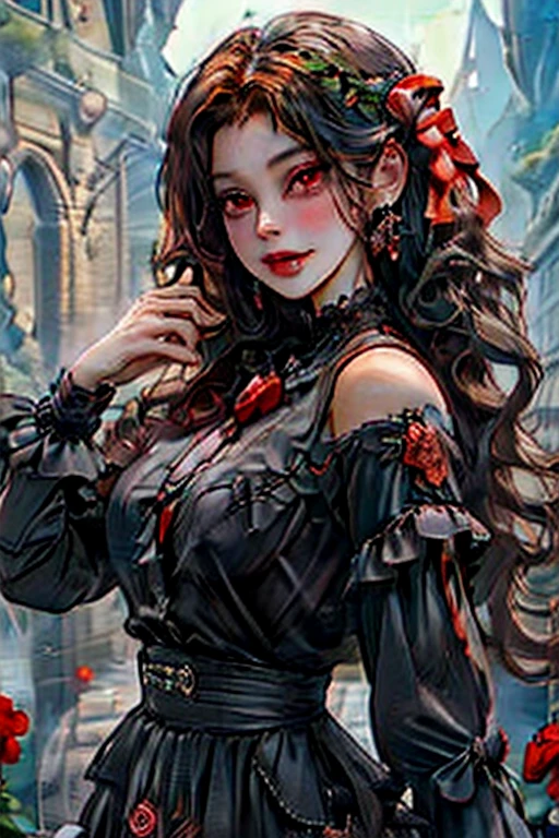 Perfect face. Perfect hands. A brown haired woman with red eyes with an hourglass figure in a frilly Gothic dress is smiling while drinking tea in a red rose garden with a red rose in a Gothic castle