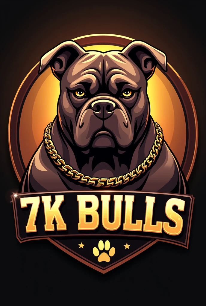 "Generate an eye-catching logo for an exotic American Bully breeder, micro size. The dog must be muscular, chocolate colored, with short snout, well-marked forehead and cropped ears like a pitbull. The body should resemble that of an English bulldog., but with extra defined muscles. The logo should include gold chains for a luxurious touch.. The name of the breeder is '7K Bulls' and must be written prominently in a stylish font. The predominant colors should be gold and rich tones that stand out."