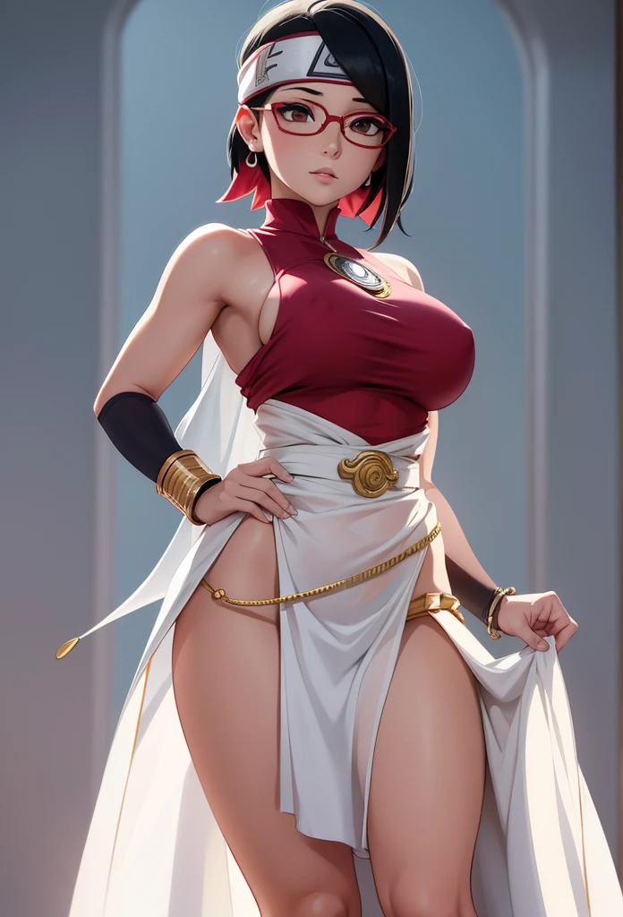 Masterpiece,Solo,1Girl,Sarada Uchiha,(Boruto),Big Breasts,Perfect Body,Sexy Body Hot,Ultra High Quality,Ultra High Resolution,Photograph 16K,Ultra Detailed,Short Hair,Beautiful,Beautiful Goddess,Egyptian Dancer Theme,White Dress,White Loincloth,Scales Covering Her Chest,Sexy Dancer,Face Veil,Dancer Style,Bracelet,Gold Belt