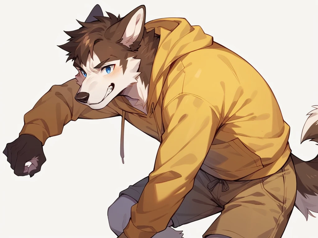 score_9, score_8_up, score_7_up, high quality, hires, anthro, male, husky, brown fur, brown ears, mostly white fur, blue eyes, yellow hoodie, brown shorts, white background,