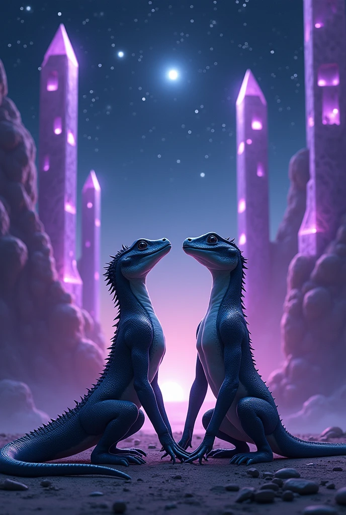 Male and female reptilian sensually looking at the starry sky with a galaxy . In the background we see purple crystal obelisks with windows.