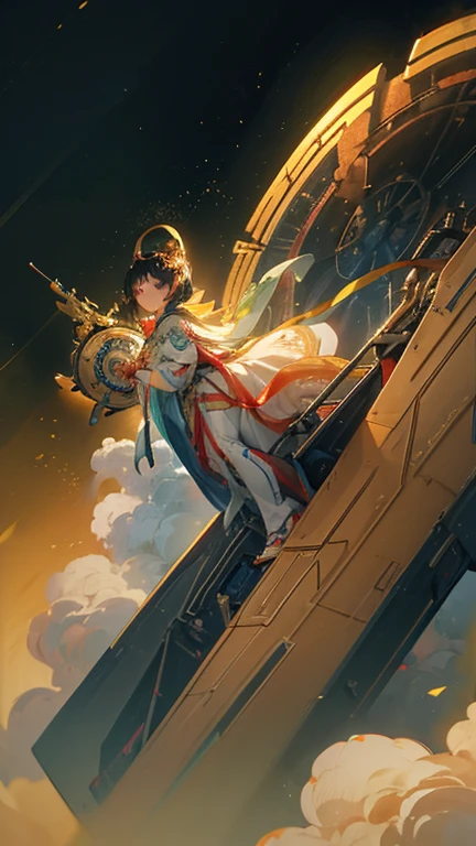 (((masterpiece))), (((Highest quality))), ((Very detailed)), (Highly detailed CG illustrations), ((Very delicate and beautiful)),(From the side),Cinematic Light,A girl climbs into the cockpit、Black Hair、long、Boarding a small spaceship，In the cockpit，Starry Sky, Big Clouds,colored glaze,Golden Universe，Space Station、Preparing for takeoff、Spacesuit、Aiming for Andromeda、Toa Heavy Industries decals、Lonely smile，Good luck，Close the hatch，Complex Instrumentation、White Mask