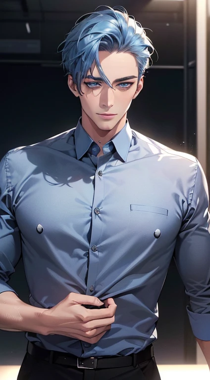 (best quality,4k,8k,highres,masterpiece:1.2),ultra-detailed,(realistic,photorealistic,photo-realistic:1.37),1 man,3,mature man,very handsome,without expression,smile,short blue hair,blue eyes,penetrating gaze,perfect face without errors,imposing posture,businessman,office background,cinematic lighting,hdr image