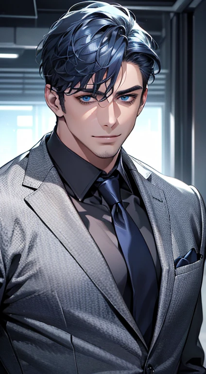 (best quality,4k,8k,highres,masterpiece:1.2),ultra-detailed,(realistic,photorealistic,photo-realistic:1.37),1 man,3,mature man,very handsome,without expression,smile,short blue hair,blue eyes,penetrating gaze,perfect face without errors,imposing posture,businessman,office background,cinematic lighting,hdr image