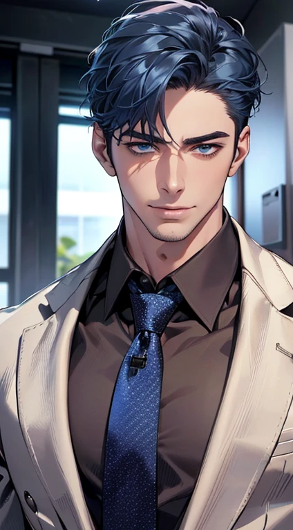 (best quality,4k,8k,highres,masterpiece:1.2),ultra-detailed,(realistic,photorealistic,photo-realistic:1.37),1 man,3,mature man,very handsome,without expression,smile,short blue hair,blue eyes,penetrating gaze,perfect face without errors,imposing posture,businessman,office background,cinematic lighting,hdr image