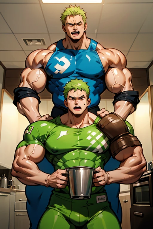 Sanji and Roronoa Zoro from One Piece stand together in a kitchen. Sweating. Blonde hair. Green hair. Staring ahead blankly. Drinking protein shakes that turn them bigger and dumber. Growing bigger muscles and crotch bulges. Both have trained themselves to look and act like big dumb bodybuilder jocks. Blending in with the other bodybuilder jocks. Assimilation. Dumb jock bros. Blank stares. Hyper crotch bulges. Dumber and dumber. IQ drain. Both equally muscular. "Bro, I feel ... kinda ... uhhh ... stupid...? Like, ... my head gets ... dumber, and ... dumber, and ... dumber..... I'll ... be dumb ... for Coach.... Bigger and bigger ... dumber and dumber.... Huhuhuh.... Yes, Coach. A good dumb jock is big and dumb. A good dumb jock's what we'll become.... Must grow big..... Must grow dumb.... Don't think.... Obey Coach.... Yes, Coach, we must obey.... The Big Dumb Jocks are here to stay...." Chuckling vapidly. Drooling. Hyper biceps. Hyper triceps. Broad shoulders. Thick, meaty hyper pecs. Hyper traps. Big deltoids. Big lats. Tank tops. Blank stare. Open mouths. Vapid. bro. bodybuilder. IQ drain. Jock. hypnosis. dumber. Big crotch bulges. Dumbing down. Brainwashing. Giant muscles. Hyper muscles. Dumber and dumber. Bigger and bigger. Muscleheads. Meatheads. Jocks. Hypnotized. Brainwashed. Brainwashing. Subliminal hypnosis. Flexing. Tall and muscular. mindless. Brainless. Jock bro assimilation. Integration. Conformity. Brute. Musclehead.