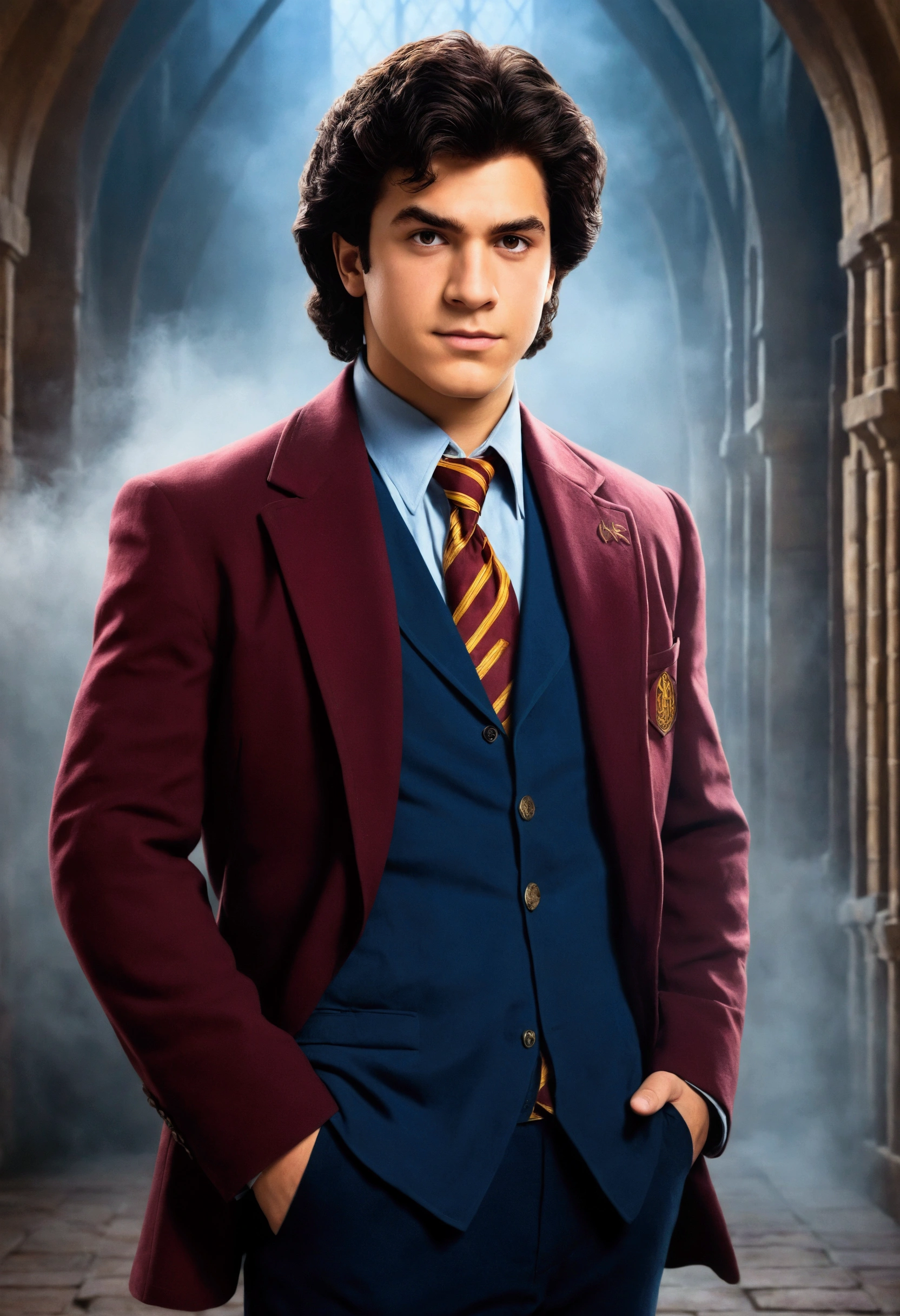 An illustrated movie poster, hand-drawn, full color, a teenage Wizard, 18-years-old, male, wearing a maroon blazer and navy blue slacks, stout stocky build, broad shoulders, brown eyes, brown-black hair, voluminous curly mane, medium-light sun-tanned skintone, resembles Lou Ferrigno, standing in a foggy Hogwarts courtyard, surrounded by mist, graphite shading, stencil marks, airbrushed acrylic paint, masterpiece, close-up shot, in the style of the Deathly Hallows 
