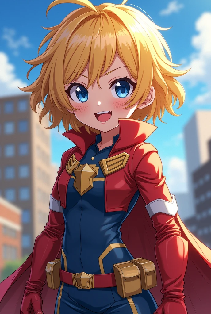 Young blonde girl, small in stature with a slightly detailed, unruly body, dressed in a hero costume similar to that of Tokoyami from Boku no Hero Academia, similar to all might childish facial features and long hair - body similar to that of a 16-year-old schoolgirl, anime, blue eyes with a big hero smile - Boku no hero design - more defined body from my hero academia