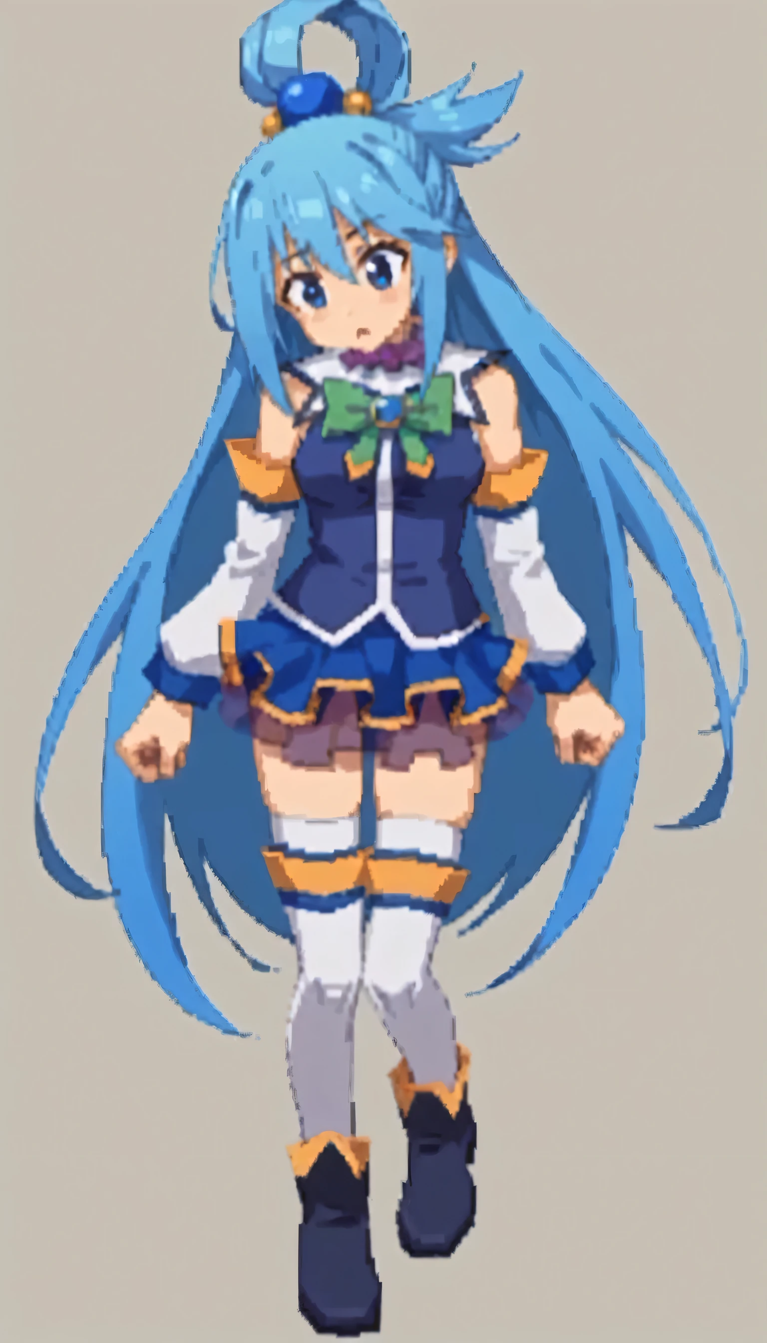 rcklgnd,, green bow, blue shirt, blue skirt, white thighhighs, detached sleeves, bare shoulders, thighhighs, shirt, skirt, hair bobbles, single hair ring, hair rings, blue hair, very long hair, hair ornament, blue eyes, long hair, aqua \(konosuba\)