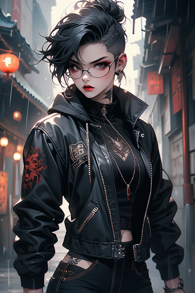 1girl, chinese, punk, rain, city, china town, leather jacket, Short haircut, leather jackets, jeans, glasses, tattoos, combat boots, rugged look, fierce eyes, toned, scars, dark makeup, piercings, menacing demeanor, athletic build, gothic jewelry, intimidating presence, sinewy strength, practical clothing.