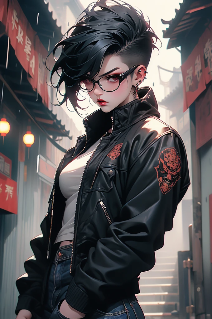 1girl, chinese, punk, rain, city, china town, leather jacket, Short haircut, leather jackets, jeans, glasses, tattoos, combat boots, rugged look, fierce eyes, toned, scars, dark makeup, piercings, menacing demeanor, athletic build, gothic jewelry, intimidating presence, sinewy strength, practical clothing.