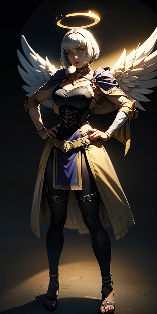 (Black background) paladin lady in ornate golden armor, black collar, pauldrons, breastplate, leather corset, glowing halo, short bob hair style, yellow glowing eyes, bright pupils, eye focus, red cape (full body, whole body, 1solo girl) slave fighter, loincloth standing, hands on hips, metal sandals, leather choker, big belt, view from below, feet together, bracers, tiara) feathers angel wings