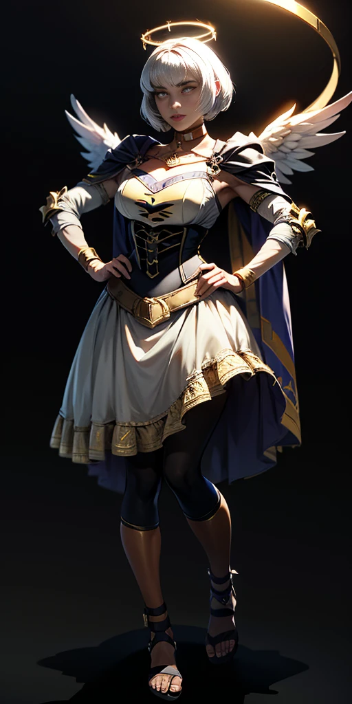 (Black background) paladin lady in ornate golden armor, black collar, pauldrons, breastplate, leather corset, glowing halo, short bob hair style, yellow glowing eyes, bright pupils, eye focus, red cape (full body, whole body, 1solo girl) slave fighter, loincloth standing, hands on hips, metal sandals, leather choker, big belt, view from below, feet together, bracers, tiara) feathers angel wings