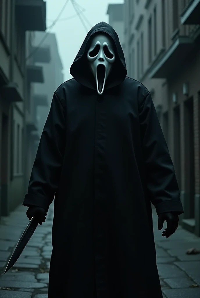 Ghostface with a knife on the dark street