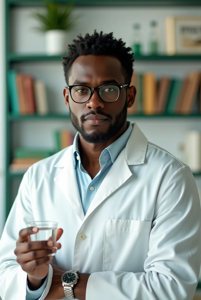 Create a dark-skinned Brazilian man in a white coat, glasses,  
holding a glass of water in his left hand. In the right hand a product . in the background a bookshelf with books. White wall with green details. 
