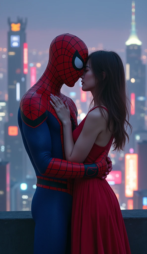 Create a Spider-Man scene with your loved one, he is without a mask and has brown hair and she is a young woman with straight brown hair, wearing an ordinary red dress, they are together on top of a building, hugging each other and looking at each other, make Spider-Man costume in cartoon form, must be the 1994 classic, high quality, (RAW photo, best quality), (realistic, photorealistic: 1.4), (extremely delicate and beautiful: 1.4), amazing, fine details, masterpiece, ultra detailed, high resolution, best illustration, best shadow, intricate, ( extremely intricate: 1.2), (exquisitely detailed skin), cinematic light, perfect anatomy, (cool color: 1.4), sharp focus, 8k UHD, DSLR, (Fujifilm XT3),(85mm F/1.4),( fondo ciudad Tokio noche cyberpunk rascacielos :1.4)
